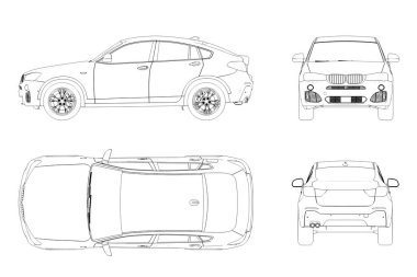 Araba çizimi, çizim, imaj çizimi. Öne, arkaya, yana, üste bak.
