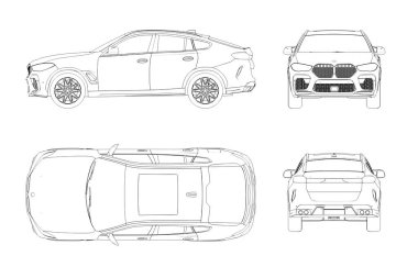 Araba çizimi, çizim, imaj çizimi. Öne, arkaya, yana, üste bak.