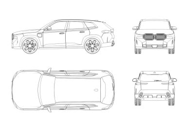 Araba çizimi, çizim, imaj çizimi. Öne, arkaya, yana, üste bak.