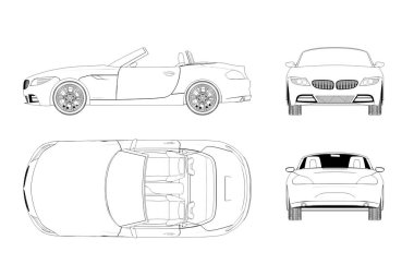 Araba çizimi, çizim, imaj çizimi. Öne, arkaya, yana, üste bak.