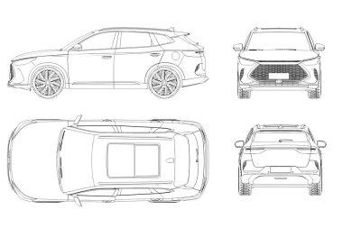 Araba çizimi, çizim, imaj çizimi. Öne, arkaya, yana, üste bak.