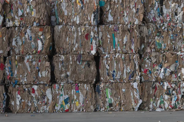 Cardboard and paper pressed into cubes and stacked for recycling