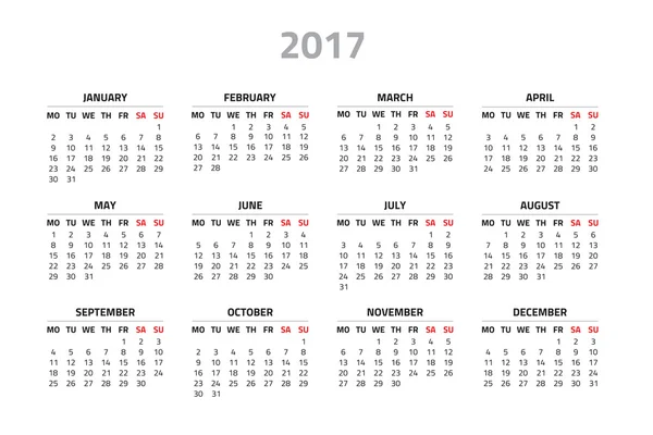 Kalender für 2017 Jahr — Stockvektor