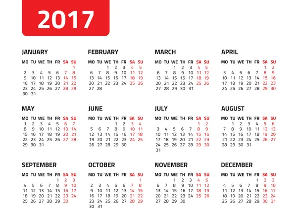 Calendario 2017 año — Vector de stock