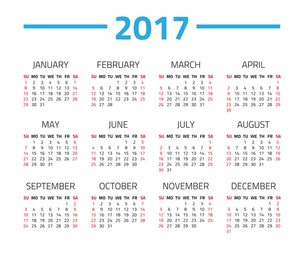 Calendario 2017 año — Vector de stock