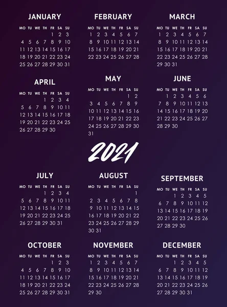 Vector calendar for 2021 year. Week starts monday — Stock Vector