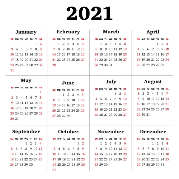 2021年的病媒日历。星期日开始的一周 — 图库矢量图片