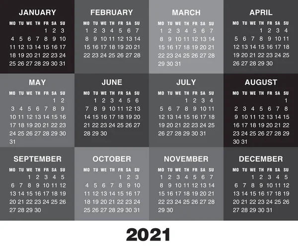 Monochrome calendar for 2021 year. Week starts monday — Stock Vector