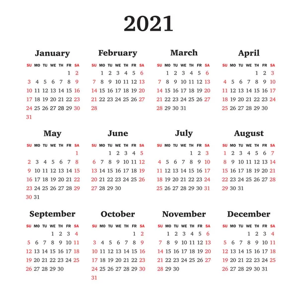 Vectorkalender voor 2021 jaar. Week begint zondag — Stockvector