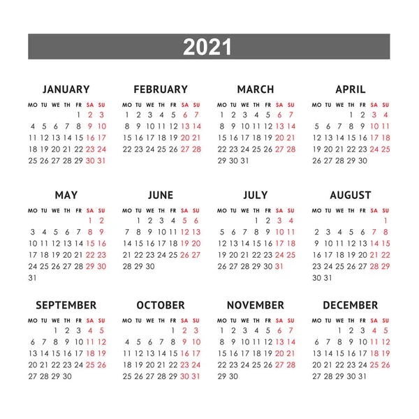 Векторний календар на 2021 рік. Тиждень починається понеділок — стоковий вектор