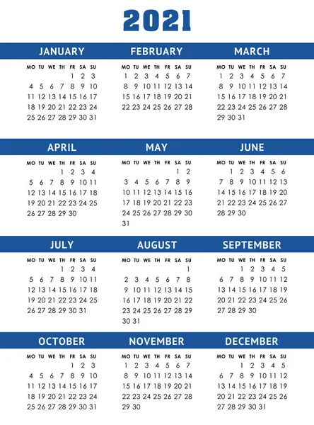 Vector calendar for 2021 year. Week starts Monday — Stock Vector