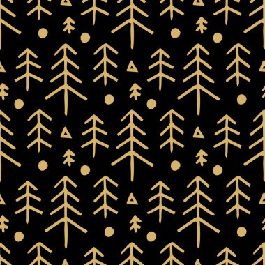 Altın köknar ağaçlarıyla kusursuz Noel desenleri. Kış karlı orman geçmişi