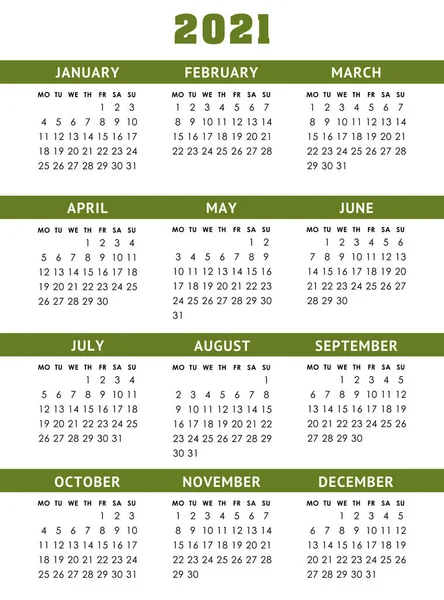 Vector calendar for 2021 year. Week starts Monday — Stock Vector