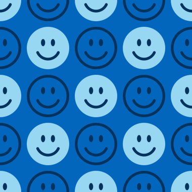 Gülme ikonu deseni. Mavi arka planda mutlu yüzler. Vektör soyut arkaplanı