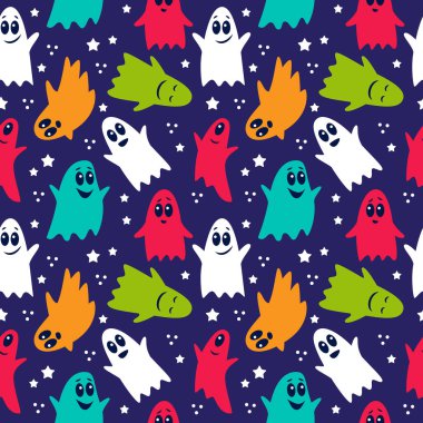 Siyah arka planda sevimli komik hayaletlerin kusursuz deseni.