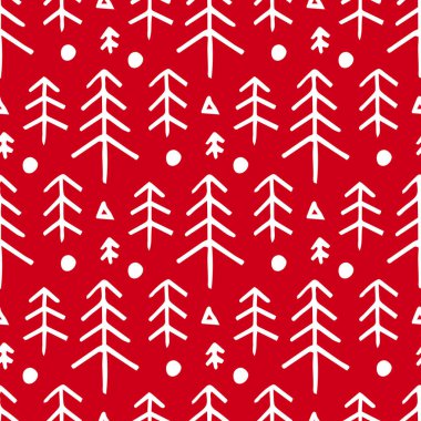 Köknar ağaçlarıyla kusursuz noel kırmızı deseni. Kış karlı orman geçmişi