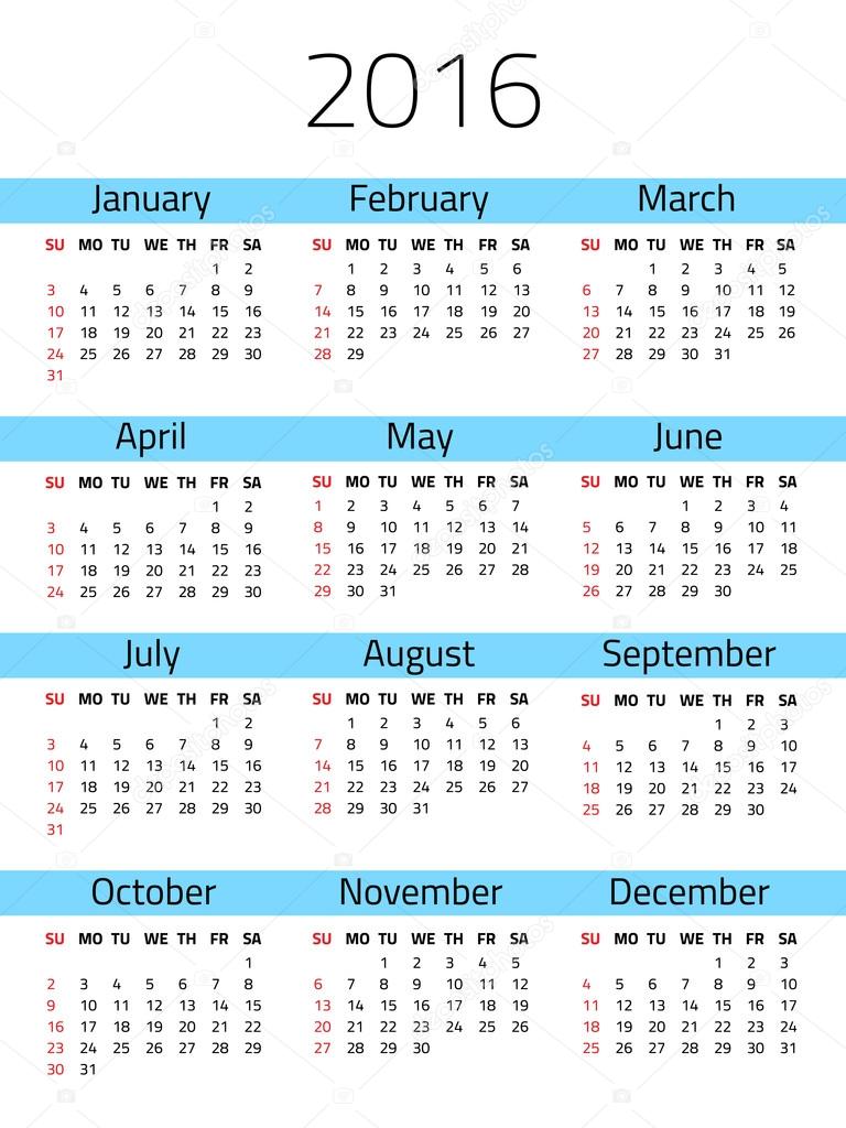 Calendar for 2016 year
