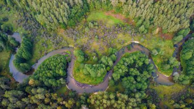 Aerial view of the Ula-Pelesa River in Varena District, Lithuania. Featuring river bends, sandy cliffs, and Dzukija forests.