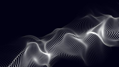 Karanlık bir zemin üzerinde akan parçacıklar dalgası. Dalgaların ve noktaların dinamik elementleriyle soyut arkaplan. Vektör illüstrasyonları