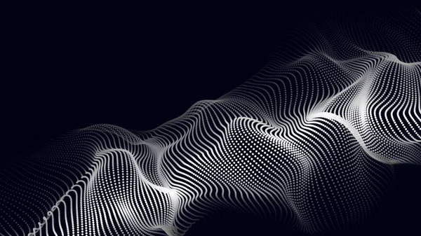 Karanlık bir zemin üzerinde akan parçacıklar dalgası. Dalgaların ve noktaların dinamik elementleriyle soyut arkaplan. Vektör illüstrasyonları