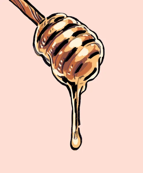 Organic Hand Drawn Honey Dripping Straight Honey Dipper Beige Pink — Stock Photo, Image