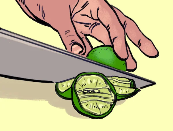 Mão Orgânica Desenhada Pov Mão Pessoa Cortando Limão Verde Com — Fotografia de Stock