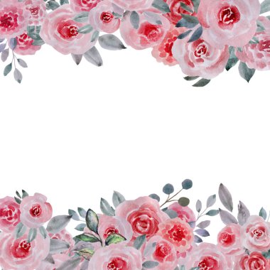 Çiçek desenli, pembe güller ve açık gri yapraklar. Düğün, doğum günü partisi, sevgililer günü partisi, bebek partisi, dekorasyon, davetiyeler, kartlar, çıkartmalar, baskılar için mükemmel.