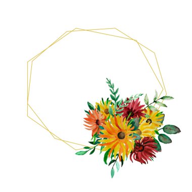 Yuvarlak çerçeveli, sarı, turuncu, kırmızı ve yeşil yapraklı çiçek deseni. Düğün, doğum günü partisi, sevgililer günü partisi, bebek partisi, dekorasyon, davetiyeler, kartlar, çıkartmalar, baskılar için mükemmel.