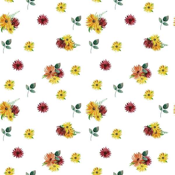 Απρόσκοπτη Μοτίβο Κίτρινα Πορτοκαλί Και Μπορντό Λουλούδια Και Πράσινα Φύλλα — Φωτογραφία Αρχείου