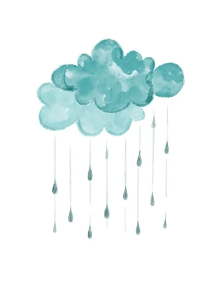 Regentropfen Fallen Vom Wolkenverhangenen Himmel Aquarell Illustrationauf Weißem Hintergrund — Stockfoto