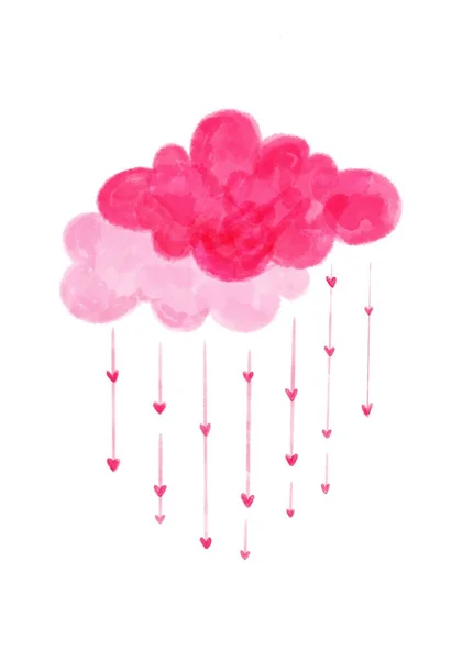 Хмара Дощем Сердець Акварельна Ілюстрація Дня Всіх Закоханих — стокове фото