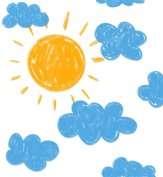 Clouds Sun Kids Hand Drawn Chalk Simple Background — Stock Photo, Image