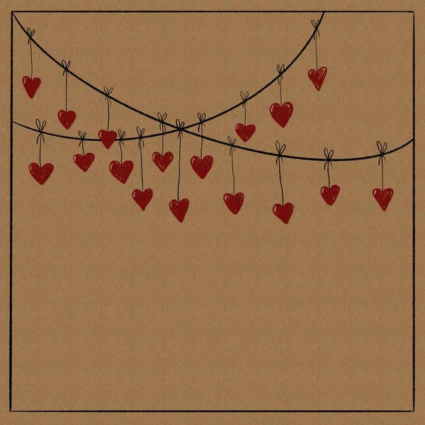 Red Hearts Garlands Craft Background Empty Template — Stock Photo, Image