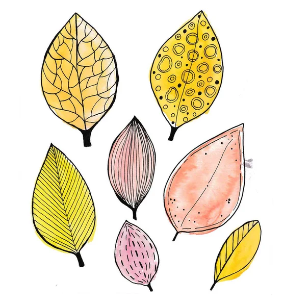 Gelbe Und Rote Blätter Gekritzelte Handgezeichnete Aquarell Illustration Set Farbiger — Stockfoto