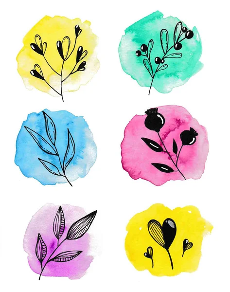 Watercolor Spots Set Flowers Leaves Graphics Isolated Illustration White Background — Stock Photo, Image