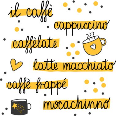 Kahve, İtalyan karalama vektörü seti. Güzel kahve yazıtları, bir fincan kahve