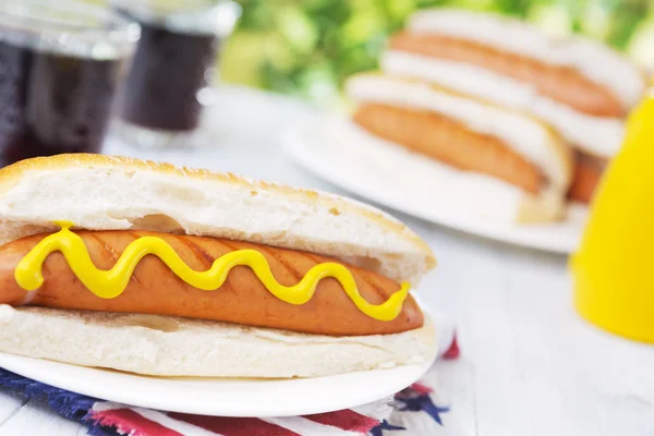 Hot Dog auf einem Tisch im Freien im hellen Licht — Stockfoto
