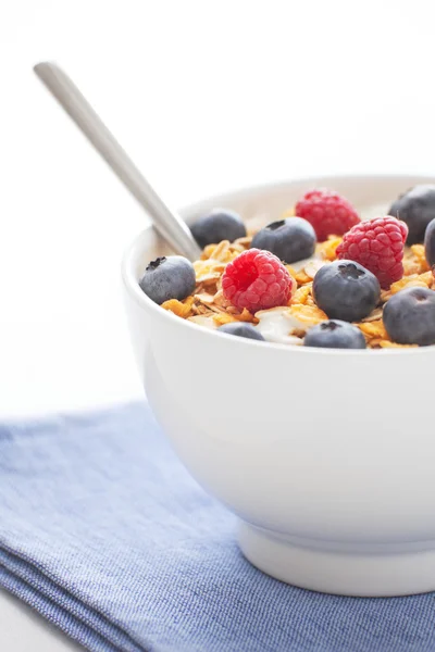 Desayuno saludable con muesli, fruta fresca y yogur — Foto de Stock