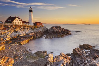 Portland Head gündoğumu, deniz feneri, Maine, ABD