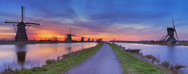 Moinhos de vento tradicionais ao nascer do sol, Kinderdijk, Países Baixos — Fotografia de Stock