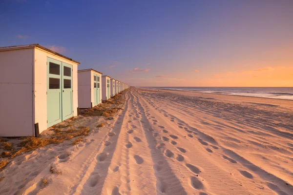 Řada chat pláži při západu slunce, ostrov Texel, Nizozemsko — Stock fotografie