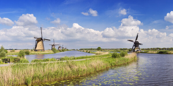 Traditional Dutch windmills on a sunny day at the Kinderdijk