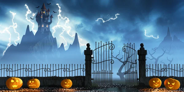 Halloween pompoenen naast een poort van een spookachtig kasteel — Stockfoto
