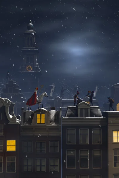 Sinterklaas and the Pieten on the rooftops at night — Stock Photo, Image