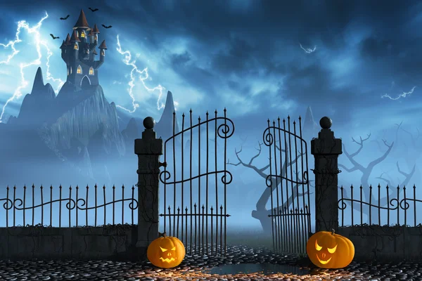 Halloweenpumpor bredvid en utfärda utegångsförbud för av ett kusliga slott — Stockfoto