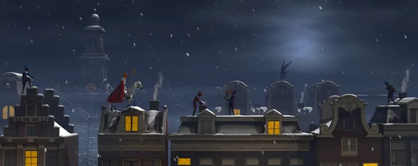Sinterklaas and the Pieten on the rooftops at night — Stock Photo, Image