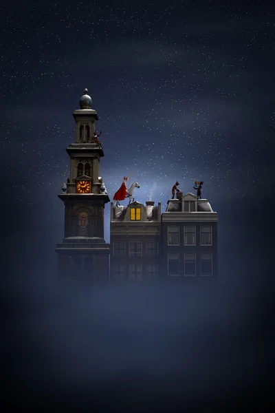 Sinterklaas ve rooftops geceleri Pieten — Stok fotoğraf