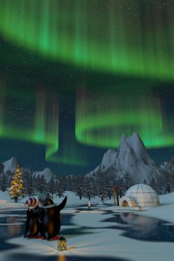 Penguenler Kuzey ışıkları Noel zamanı, 3d render tarassut