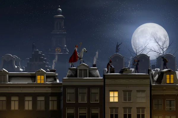 Sinterklaas ve rooftops geceleri Pieten