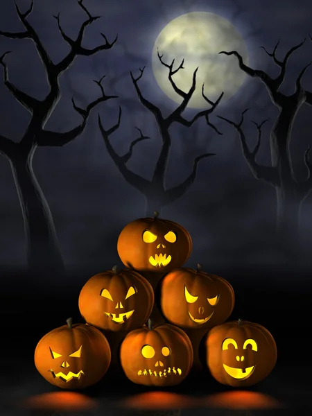Stack of Halloween pumpkins in a spooky forest at night — Stock Photo, Image